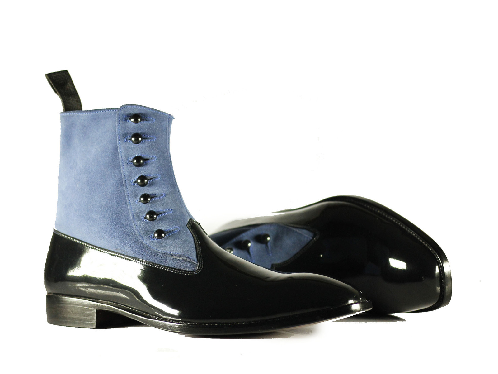 Handmade Men's Black Patent Leather Blue Suede Button Boots, Men Designer Boots