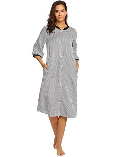 Ekouaer Long Sleeve Nightgown for Women Striped Nightshirt Button Down ...