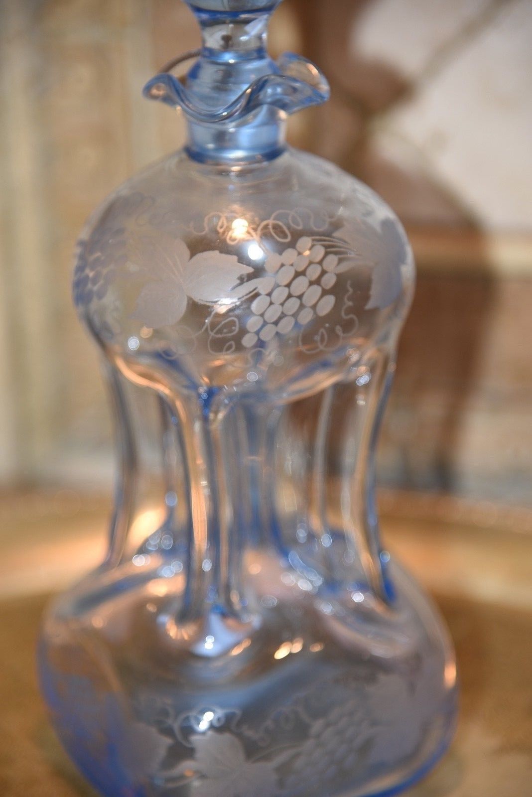 Vintage Antique WHEEL Etched LIGHT BLUE Glass Liquor Decanter GRAPE