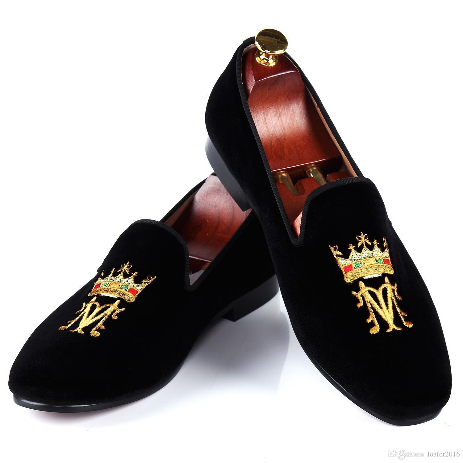 New Hand Crafted Black Velvet Slippers Crown Embroidery Anchor Party Loafer Shoe