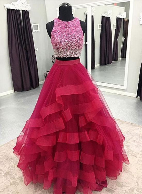 2 Pieces Long Tulle Prom Dress Scoop Neck Beaded Women Party Dress