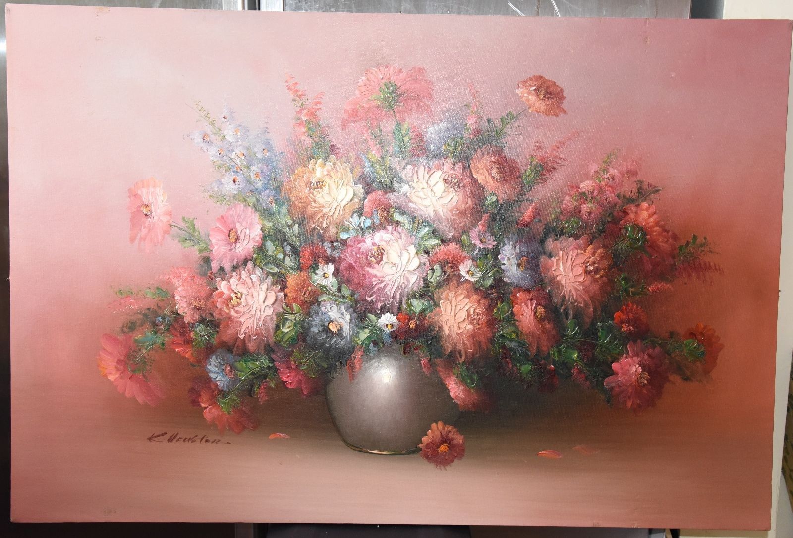 K. HOUSTON VINTAGE SIGNED OIL PAINTING CANVAS FLORAL STILL LIFE FLOWERS