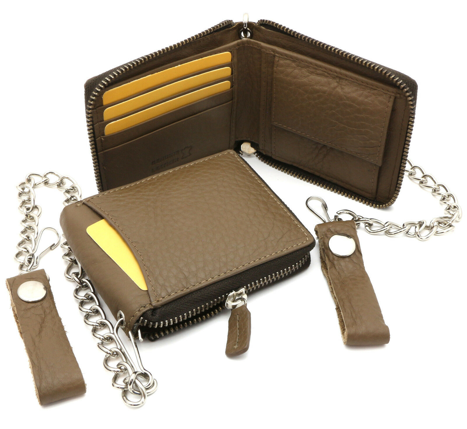 Bifold Grayish Light Brown Genuine Leather Zip-Around Wallet with a Chain - Wallets