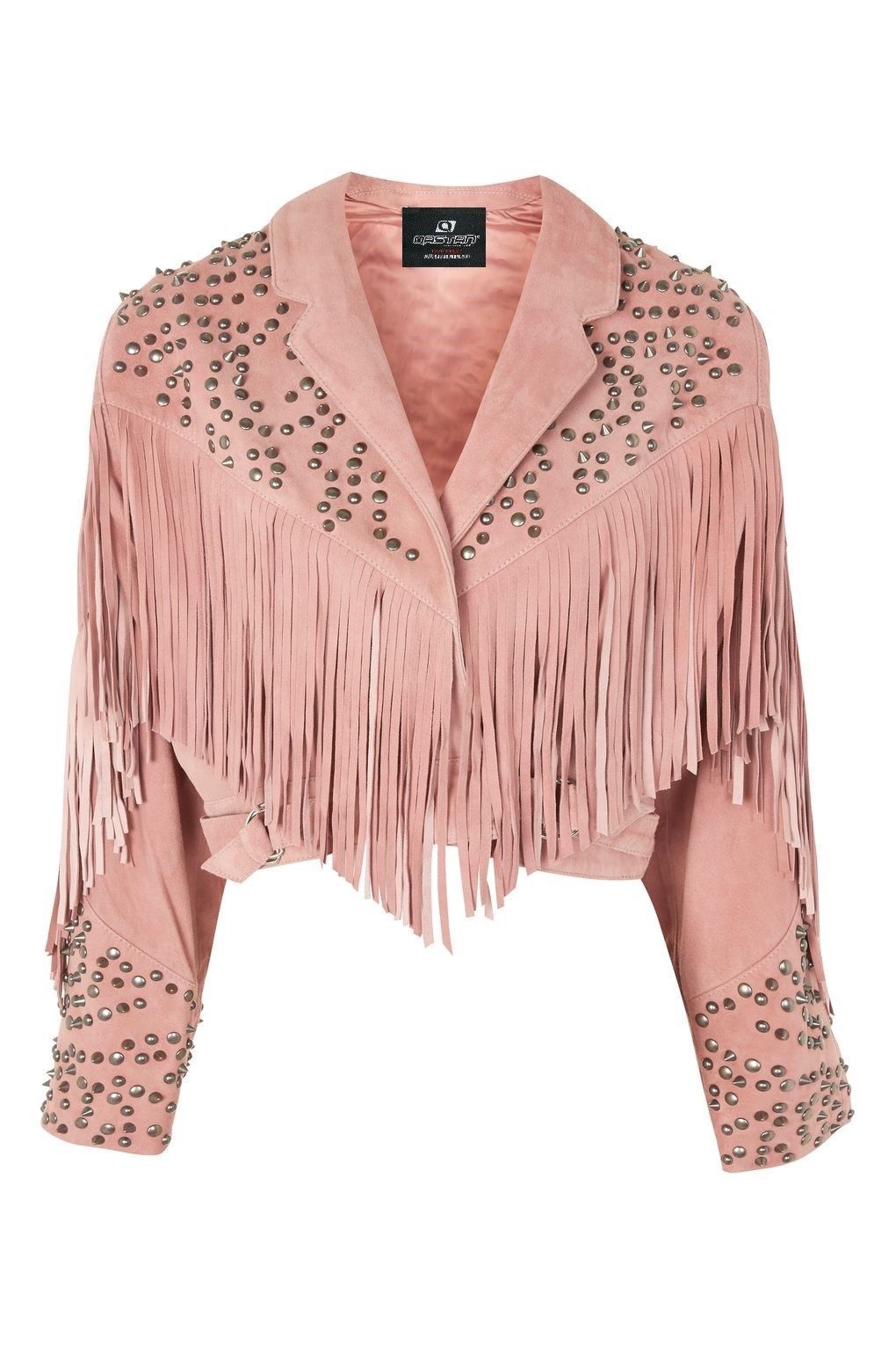 WOMEN'S NEW HANDMADE PINK WESTERN STYLE FRINGES SUEDE LEATHER JACKETS