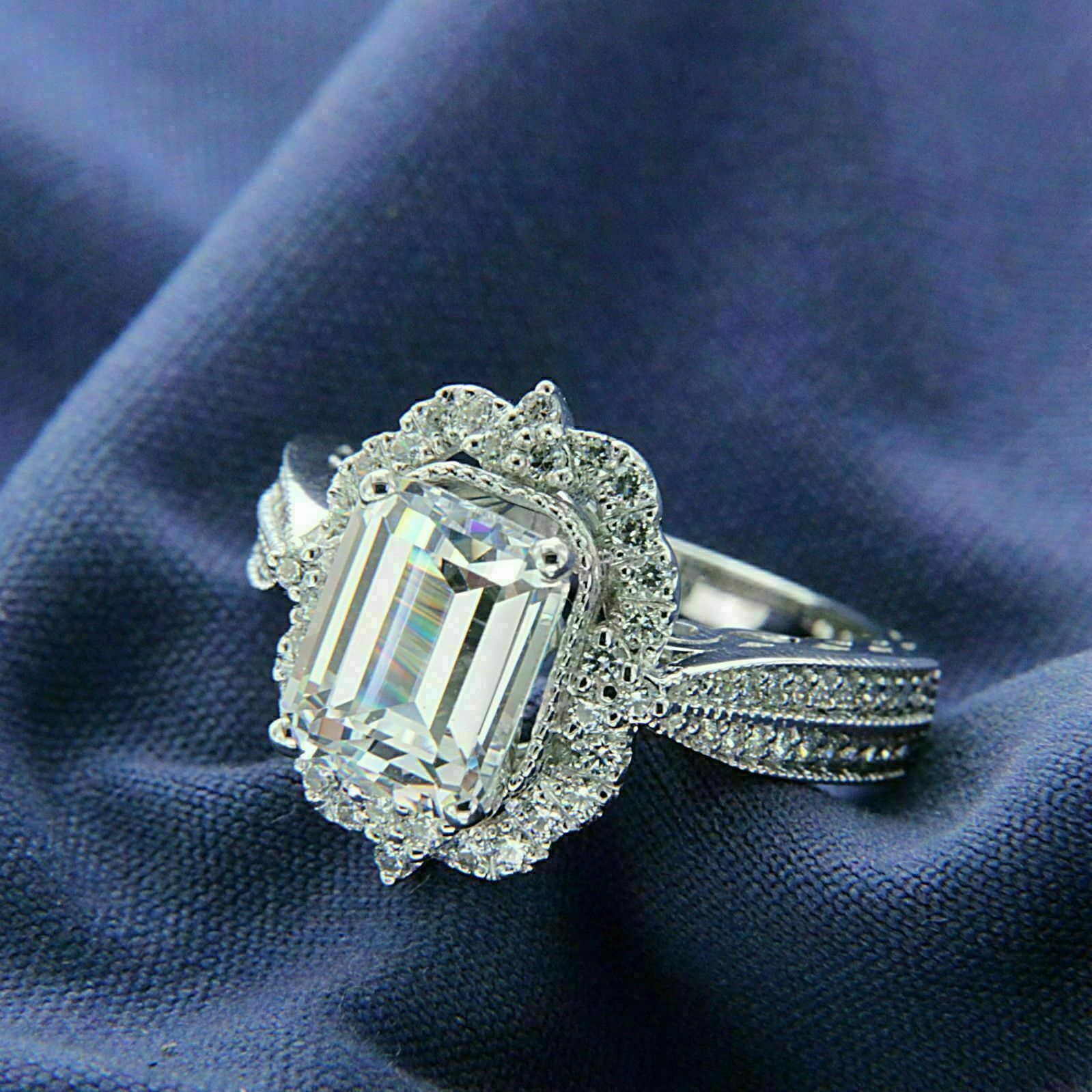 2.75Ct Emerald Cut White Diamond 925 Sterling Silver Motif Halo Engagement Ring