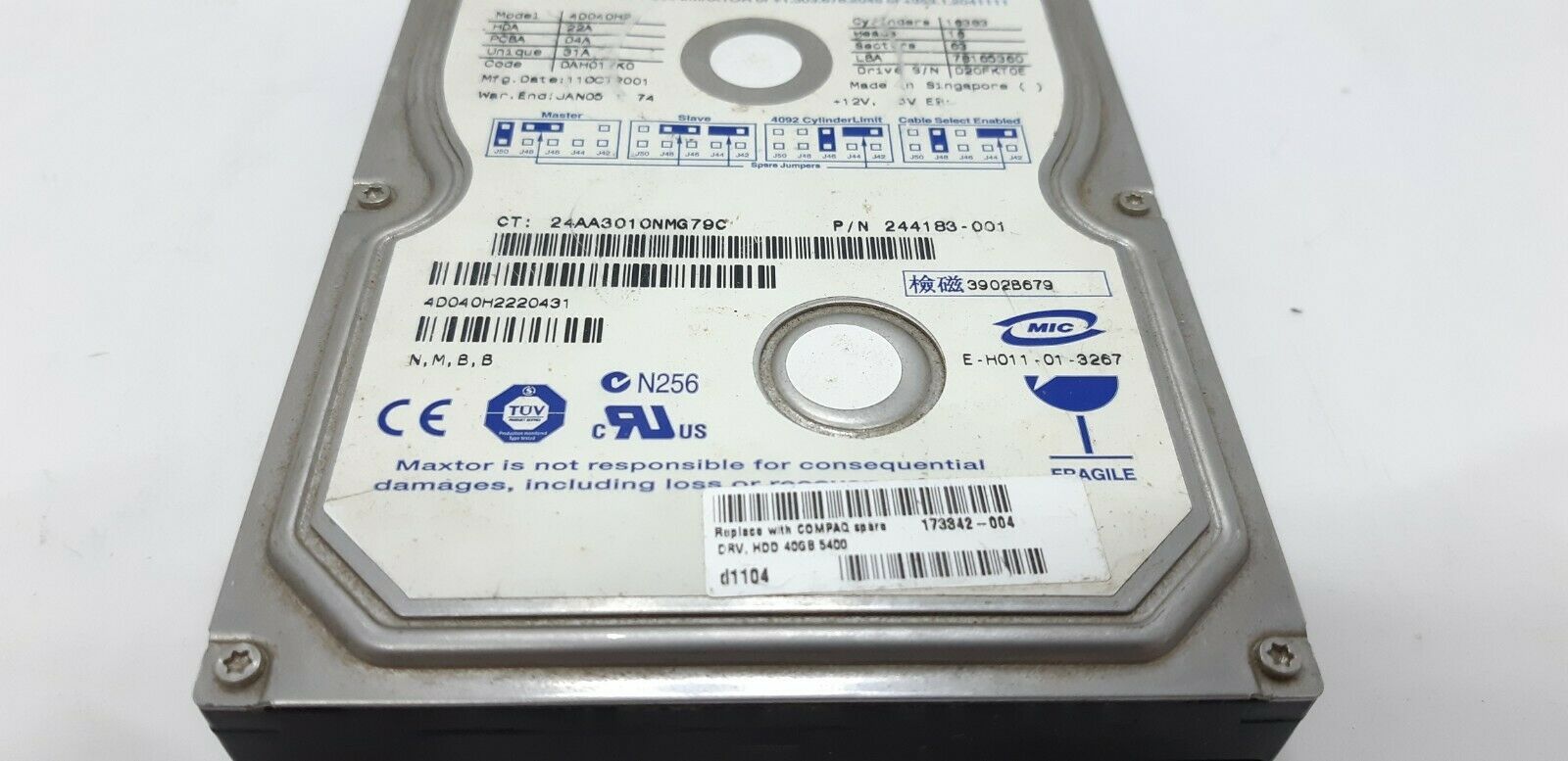 40gb 3.5/" IDE Desktop Drive N,G,C,B Maxtor 4D040H2 Code:DAK019K0