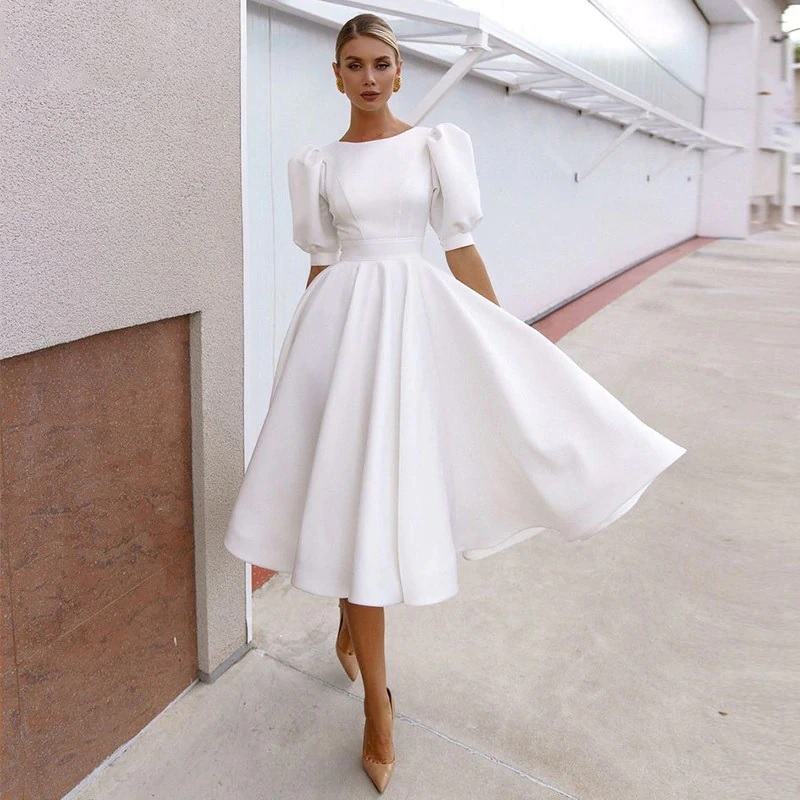 New white short puff sleeves sexy open back elegant women midi length dress