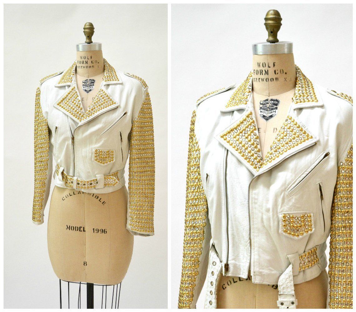 Women White Color Genuine Leather Coat Gold Silver Full Studded