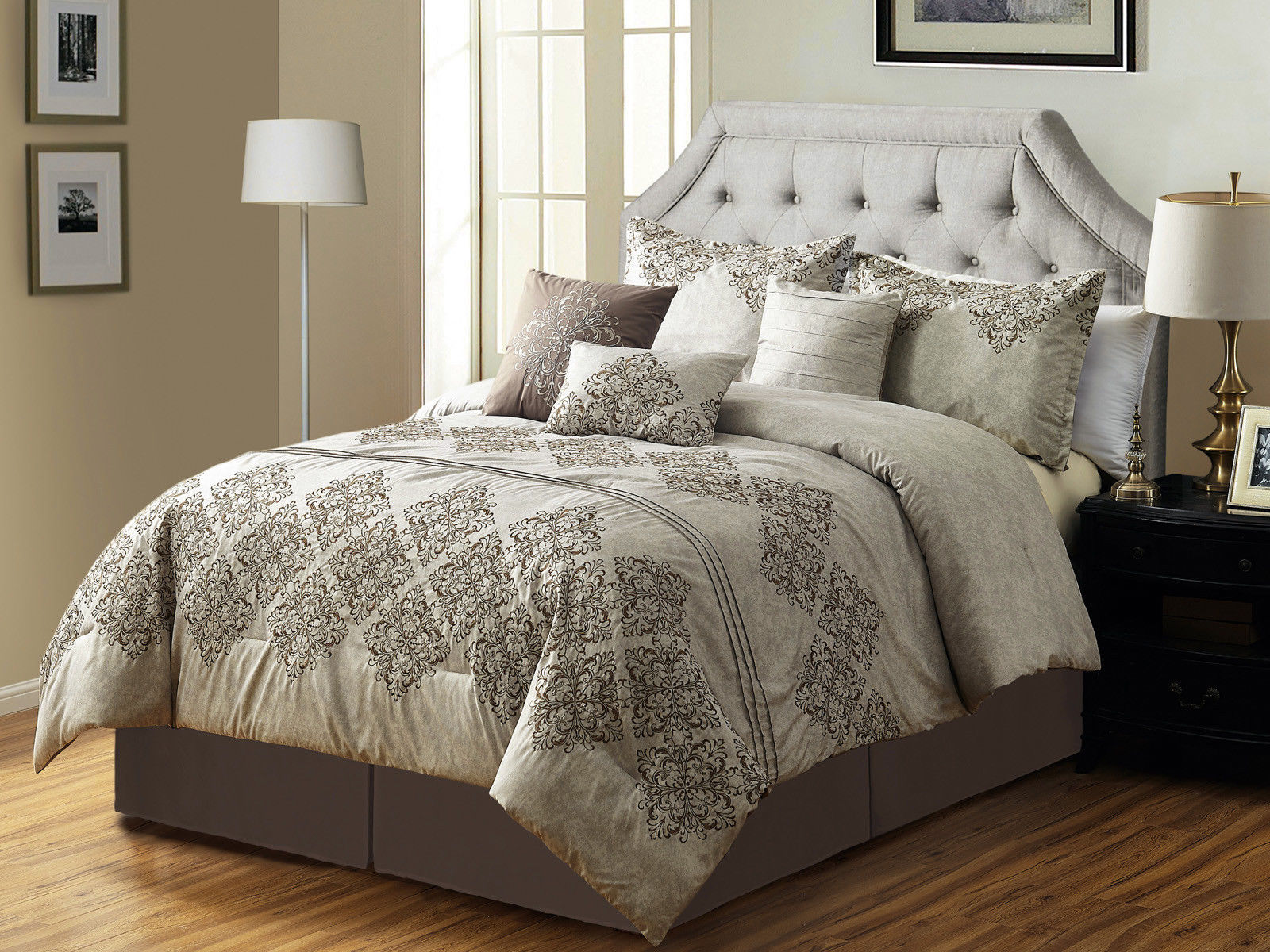 7P Cullen Floral Damask Embroidery Pleated Comforter Set Antique Beige