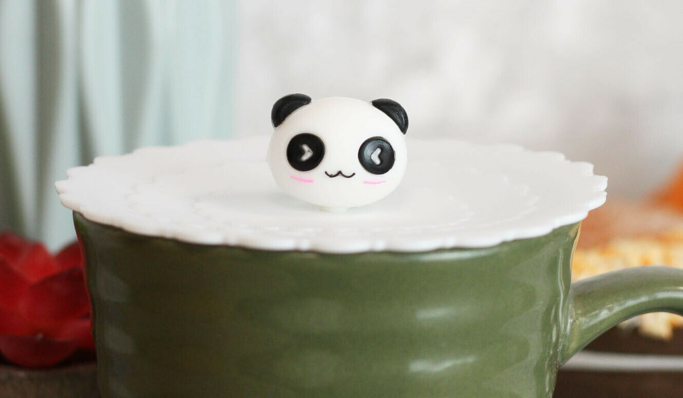 Pack Of 4 White Panda Reusable Silicone Coffee Tea Cup Lids Covers Air Tight