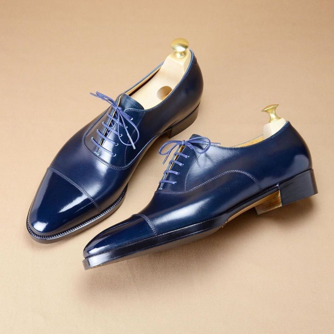 Handmade Leather Oxford Navy Blue Colour Cap Toe Formal Dress Shoes For