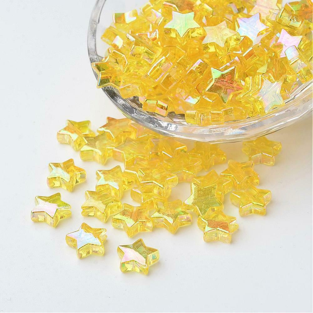50 Yellow Star Beads Jewelry Supplies AB Shimmer Celestial Night Sky BULK 10mm