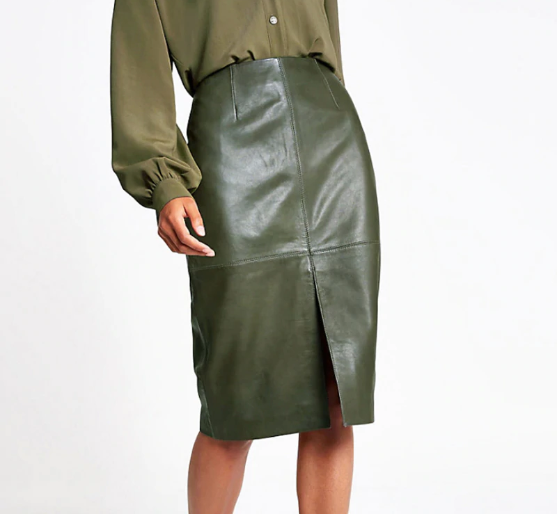Women Skirts Autumn Office Faux Leather Formal High Waist Midi Pencil Back Split - $28.00
