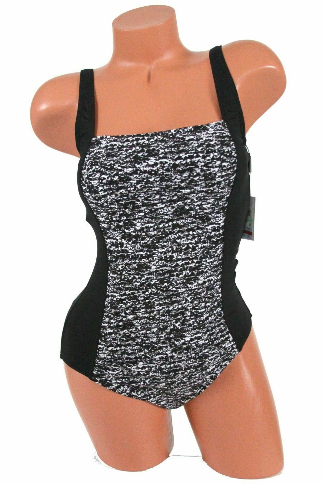 Calvin Klein SquareNeck Ruched OnePiece Swimsuit Black/White NWT