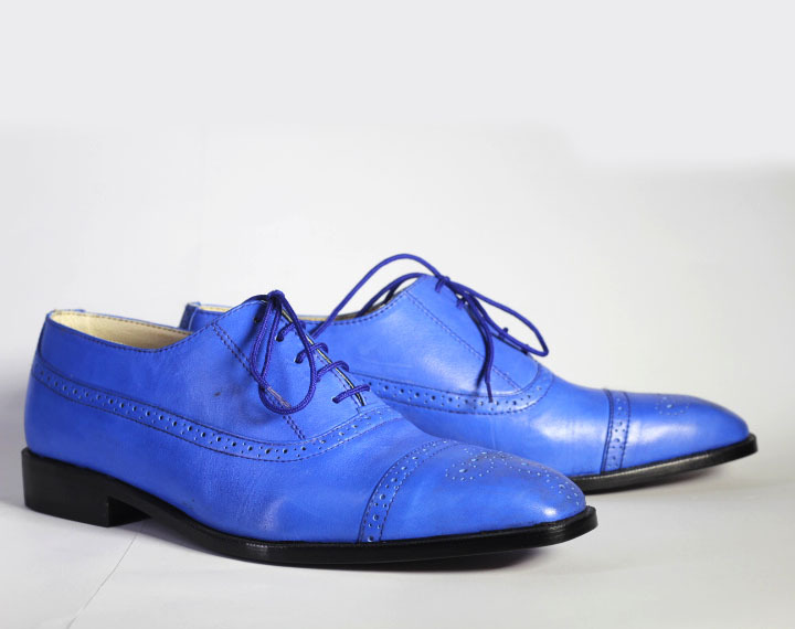 Handmade Men Blue Leather Cap Toe Brogue Lace Up Shoes, Men Designer Dress Shoes