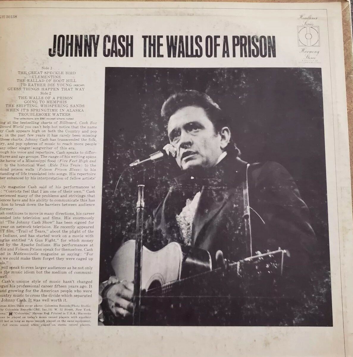 Vintage LP 33 1/3, Columbia, Johnny Cash, RECORD ALBUM, "THE WALLS OF A