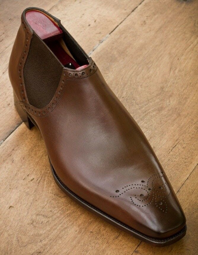 Men's Brown Color Medallion Toe Slip On Genuine Leather Handmade Shoes US 7-16