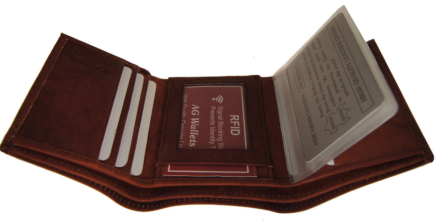 Mens Trifold Genuine Leather RFID Signal Blocking Scan Proof Wallet