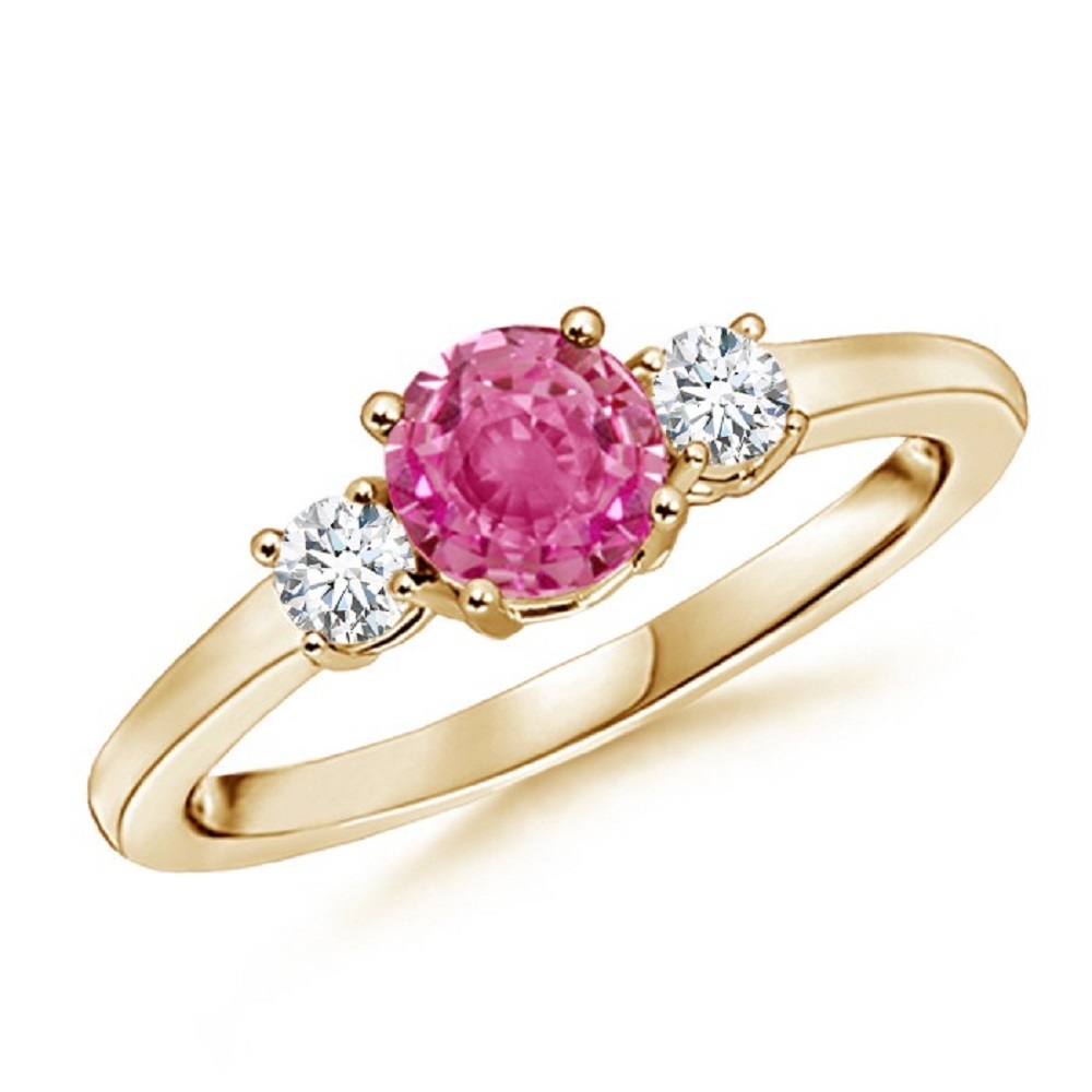 3 Stone Pink Sapphire & CZ Diamond 14K Yellow Gold Fn Engagement Wedding Ring