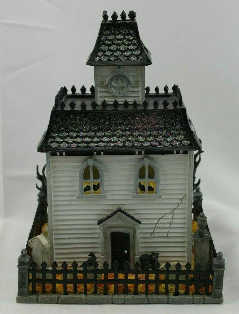 Lenox Halloween Lighted Haunted Mansion House Witch Cries Black Cat