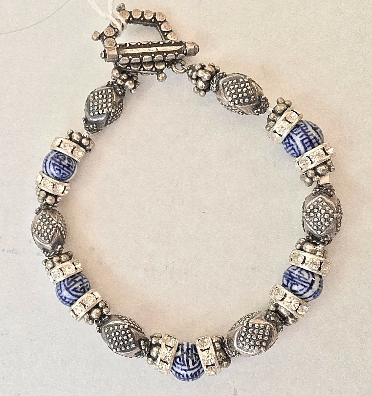 SAKS 5TH AVENUE Fine Jewelry Vintage Porcelain Sterling Silver Bracelet