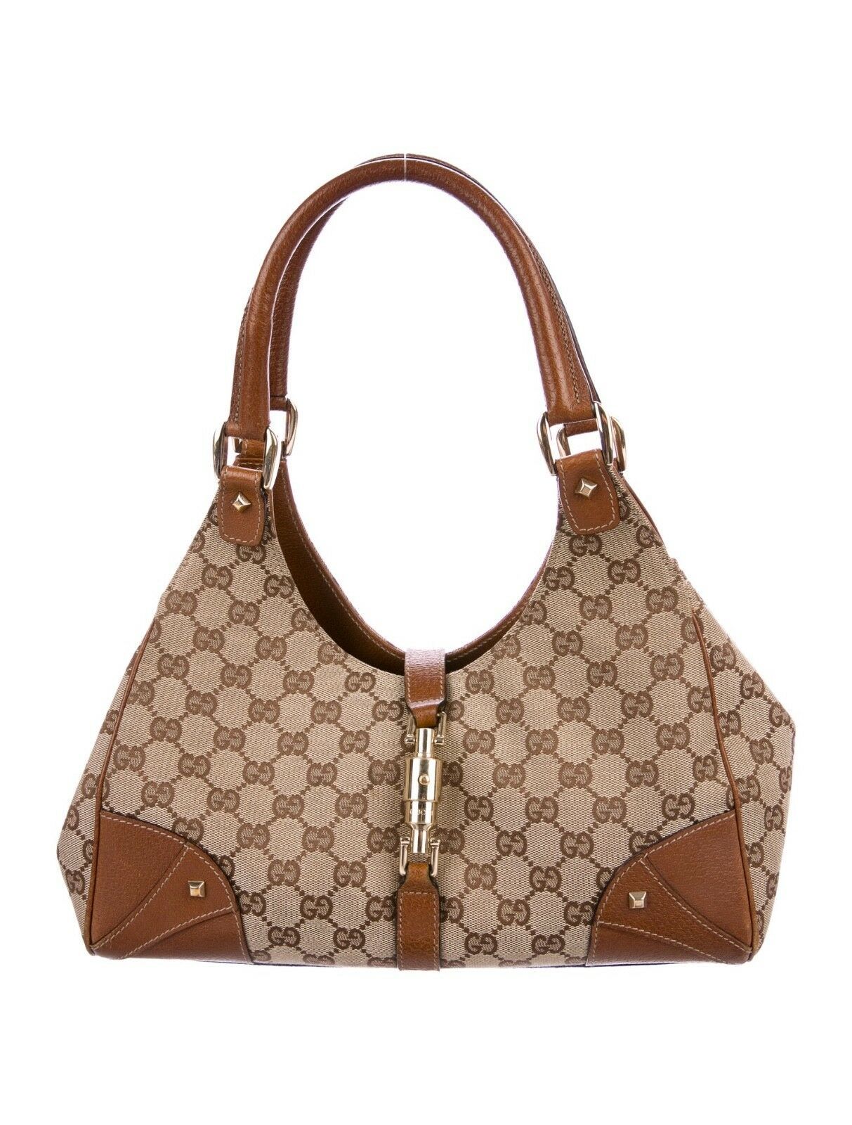 GUCCI Tan Brown Canvas Leather Trim GG Logo Nailhead Jackie Bag Made in ...