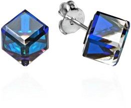 Navy Blue Crystal Prism Cube .925 Sterling Silver Stud Earrings - $44.05