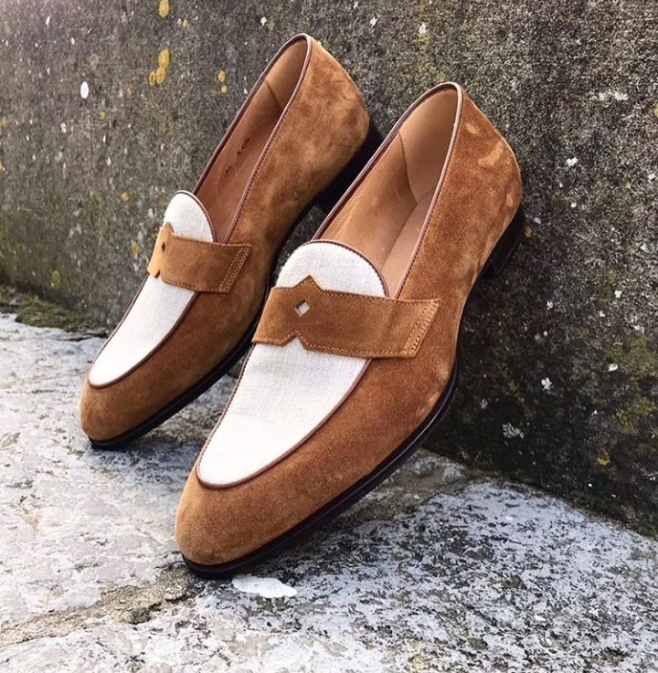 Two Tone Brown White Cont Moccasin Loafer Suede Leather Slip Ons Handmade Shoes