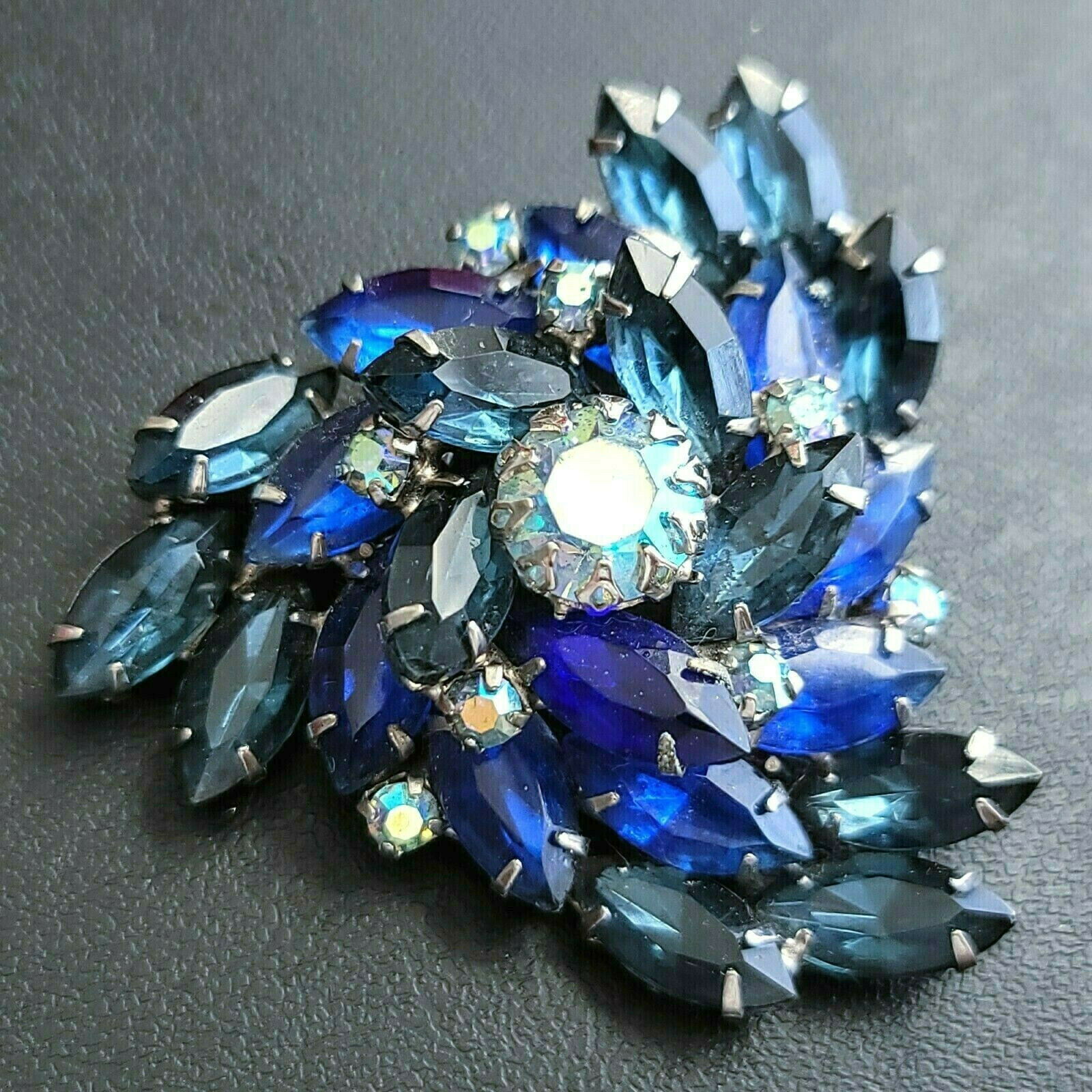 Vintage Blue Crystal Juliana AB rhinestone floral flower Brooch Pin jewelry - $49.49