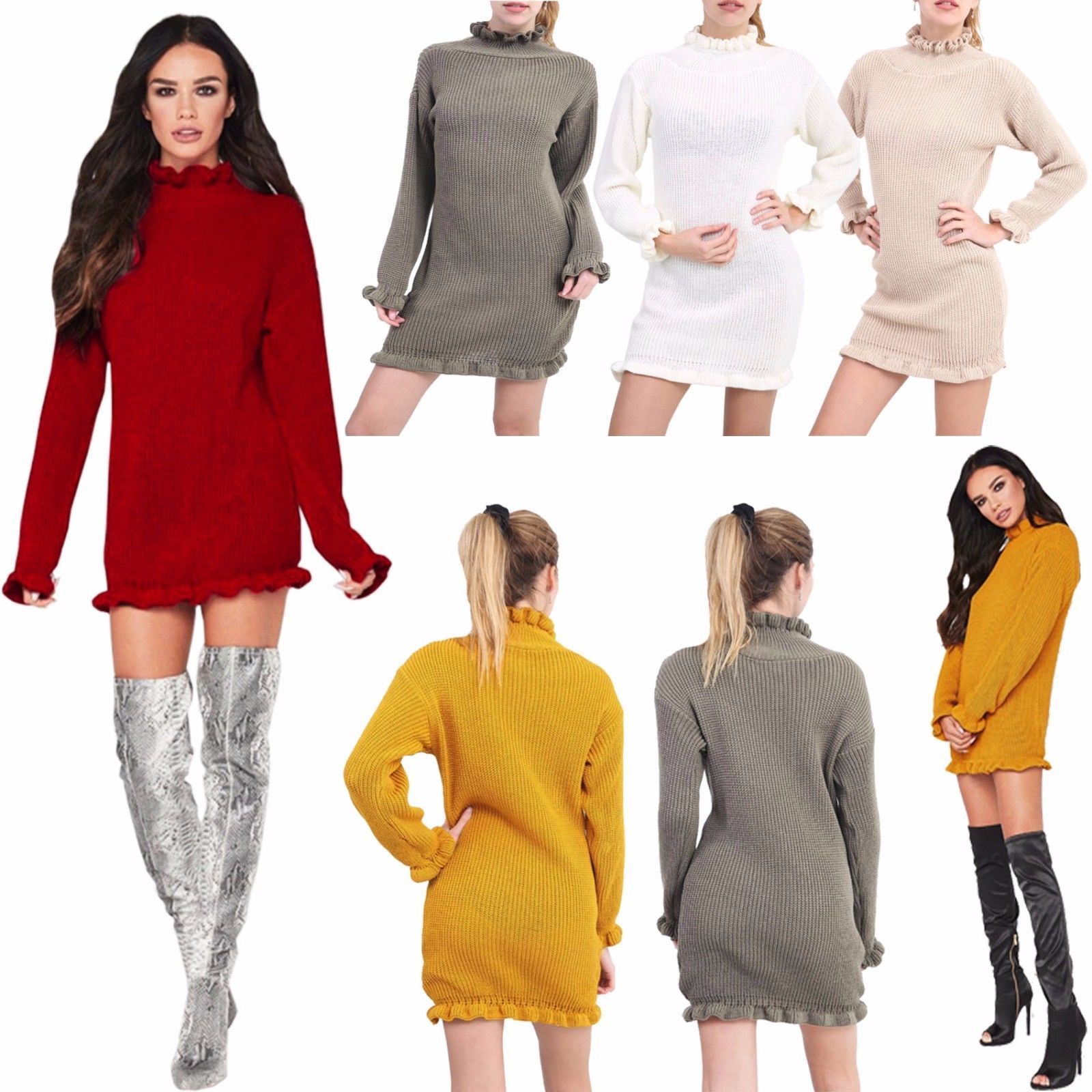 Image of Womens Knitted Ruffled Jumper Frill Edge High Polo Neck Mini Chunky Tunic Dress
