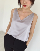 Silver Blue White Sleeveless Chiffon Tank V-Neck Sleeveless Chiffon Casual Tops image 3