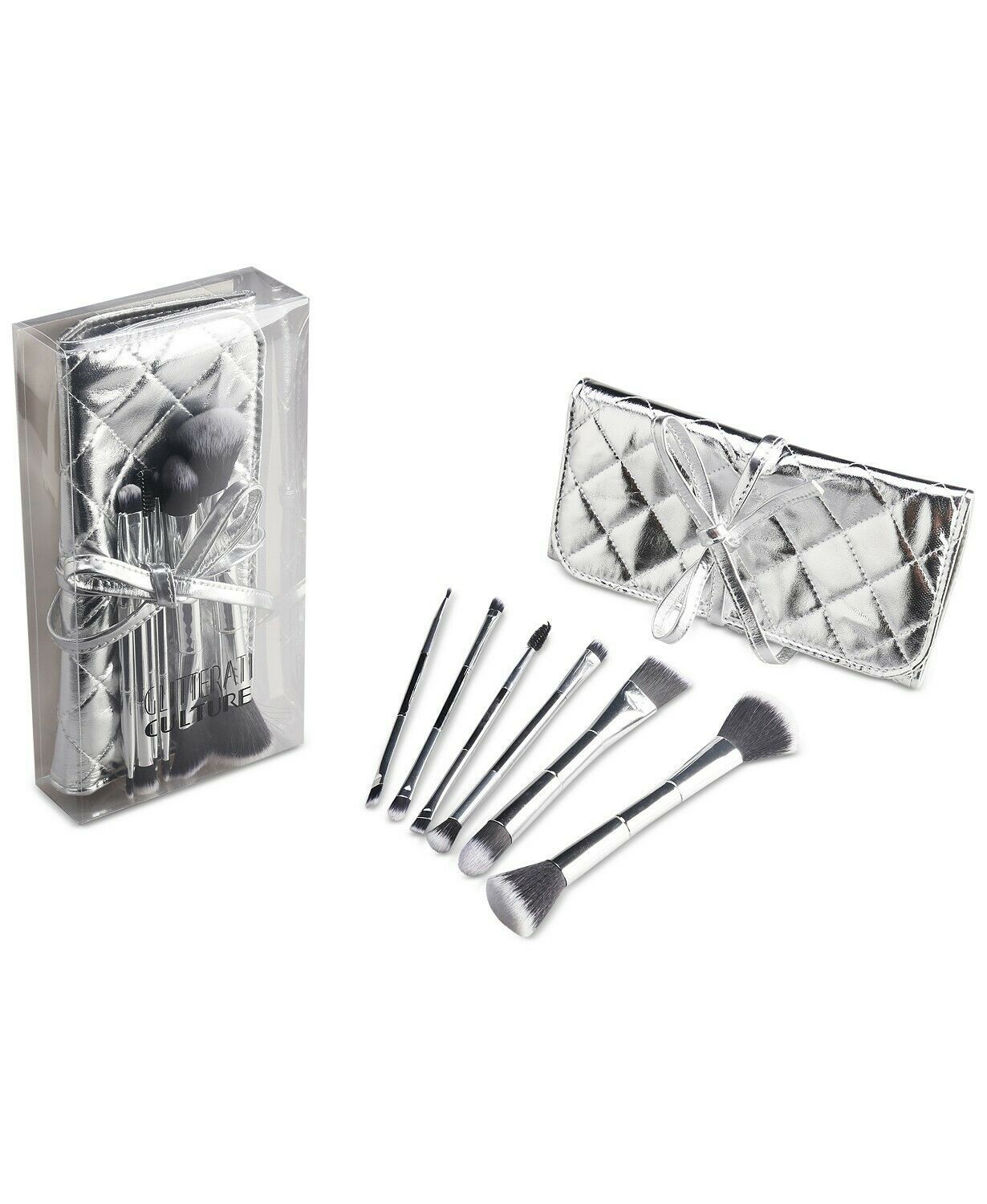 Glitterati Culture Dual End Makeup Brush 7PC Set Silver Quilted Cosmetic Pouch