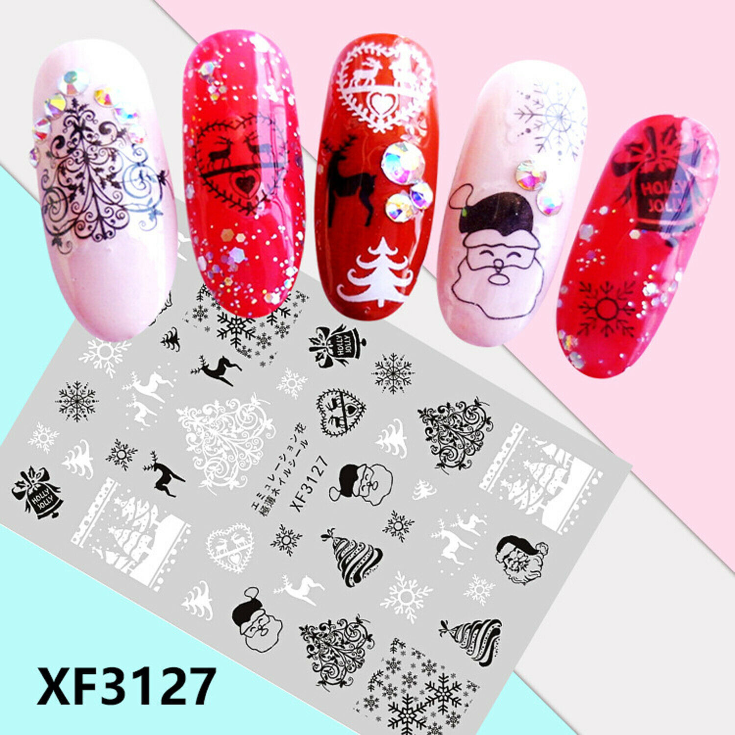 Nail Art 3D Decal Stickers deer Santa Claus Christmas tree snowflake XF3127