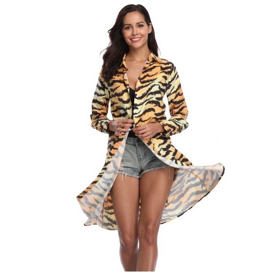 Unbranded - Tiger stripe print turn down collar long sleeve cardian t-shirt dress with belt