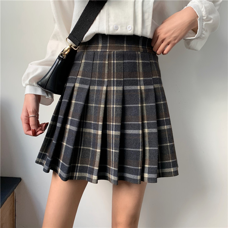 Brown Plaid Skirt Outfit Winter Thick Mini Pleated Plaid Skirt Plus ...