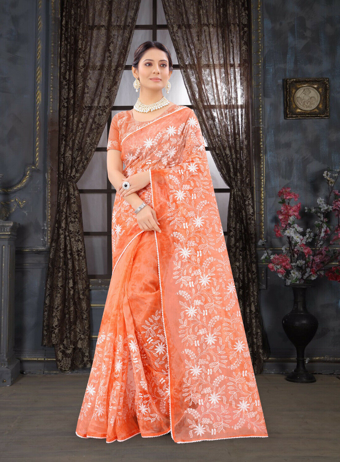 Designer Orange Heavy Resham Embroidery Work Sari Organza Silk Party Wear Saree