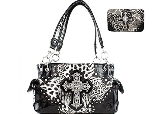 western rhinestone cross leopard concealed carry handbag with matching wallets i