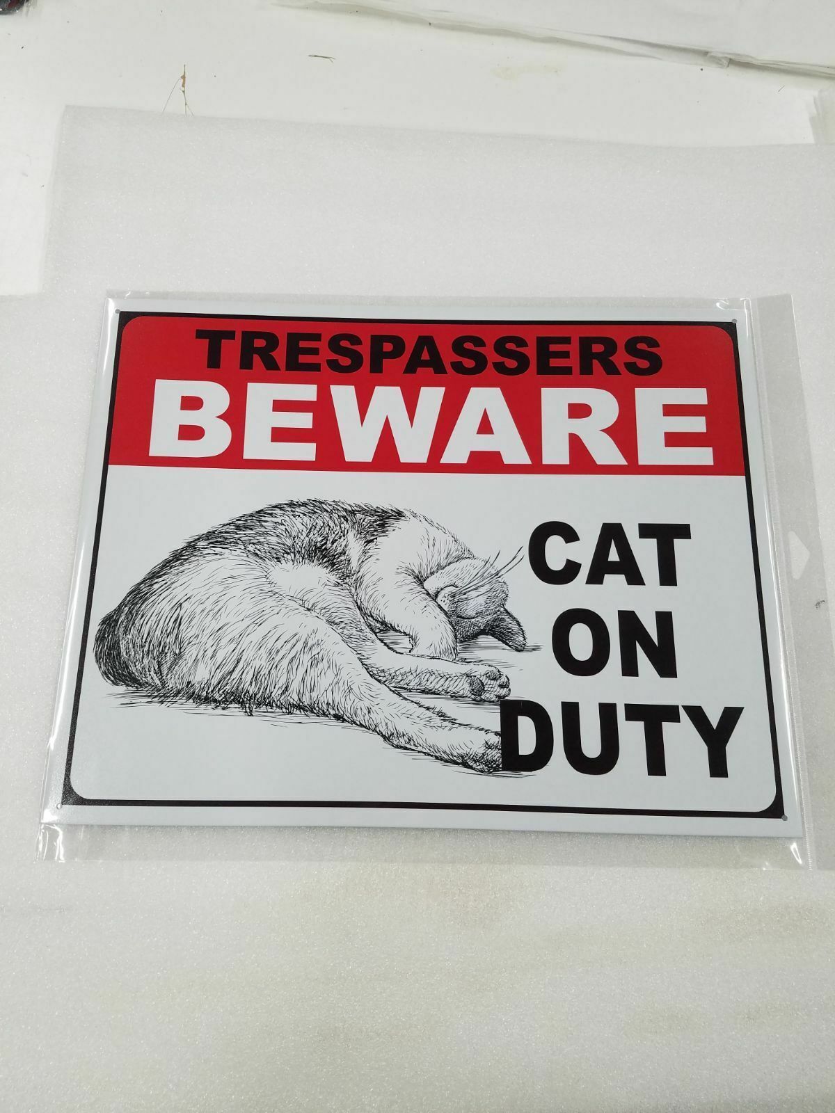 16" Large Trespassers beware warning guard Cat on duty funny fun USA