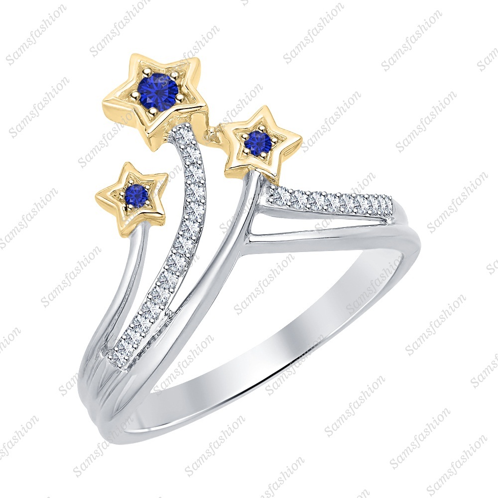 Round Blue Sapphire & Diamond 14k Two Tone Gp 925 Silver Three Star Fashion Ring