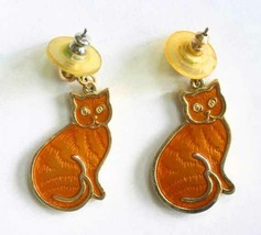 Elegant Ginger Enamel Gold-tone Cat Pierced Earrings 1980s 1 1/2&quot; - $12.95