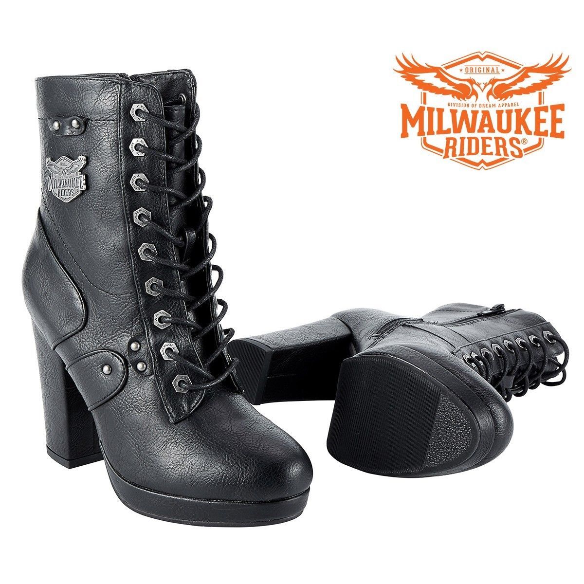 LADIES LEATHER MOTORCYCLE BOOTS CHUNKY HEELS Milwaukee Riders® SIZE 6