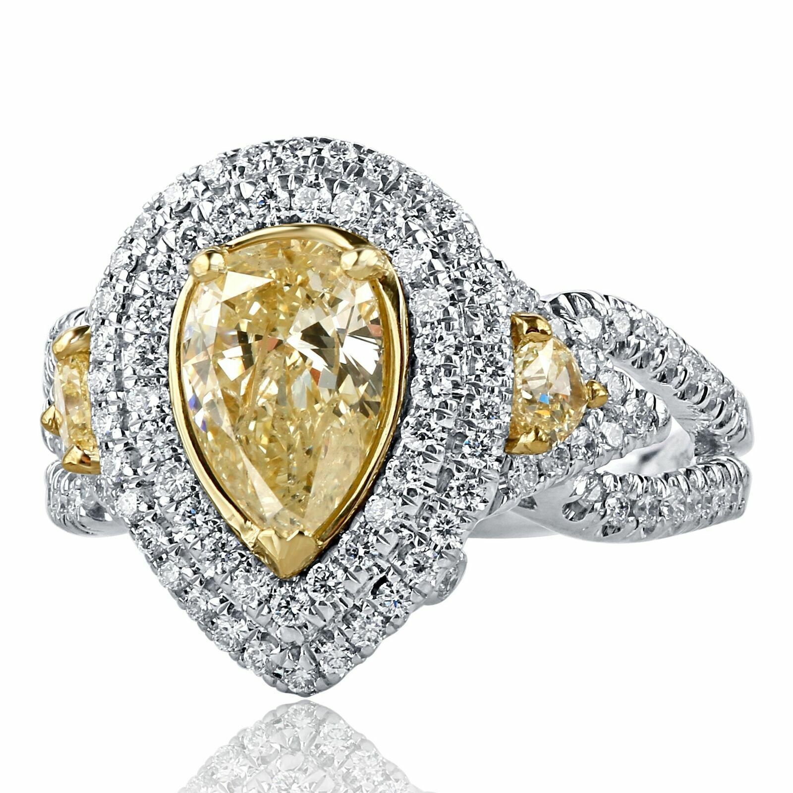 Primary image for Art Deco Design Pear Cut 2.06ct Natural Faint Yellow Diamond Ring 14k White Gold