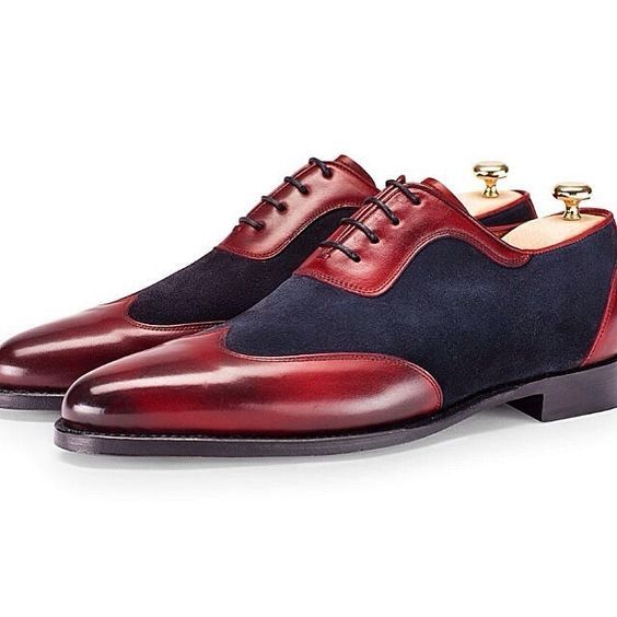 Two Tone Maroon Navy Blue Cont Oxford Burnished Toe Black Sole Leather Shoes
