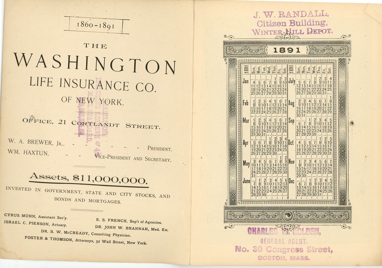 Washington Life Insurance Co 1891 almanac advertising book NY ephemera