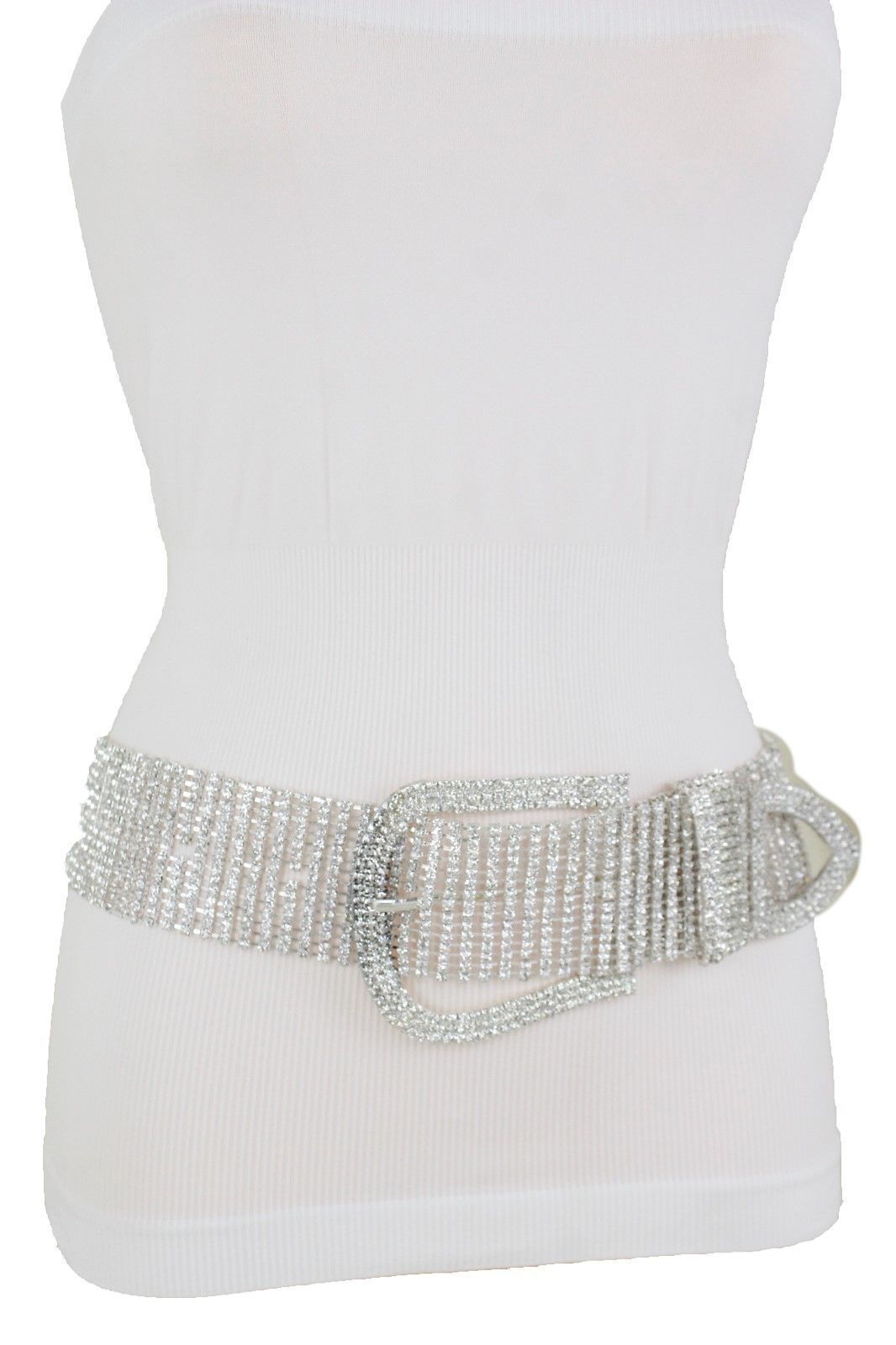 Women Bling Belt Hip Wide Silver Metal Rhinestones Big Fancy Buckle ...