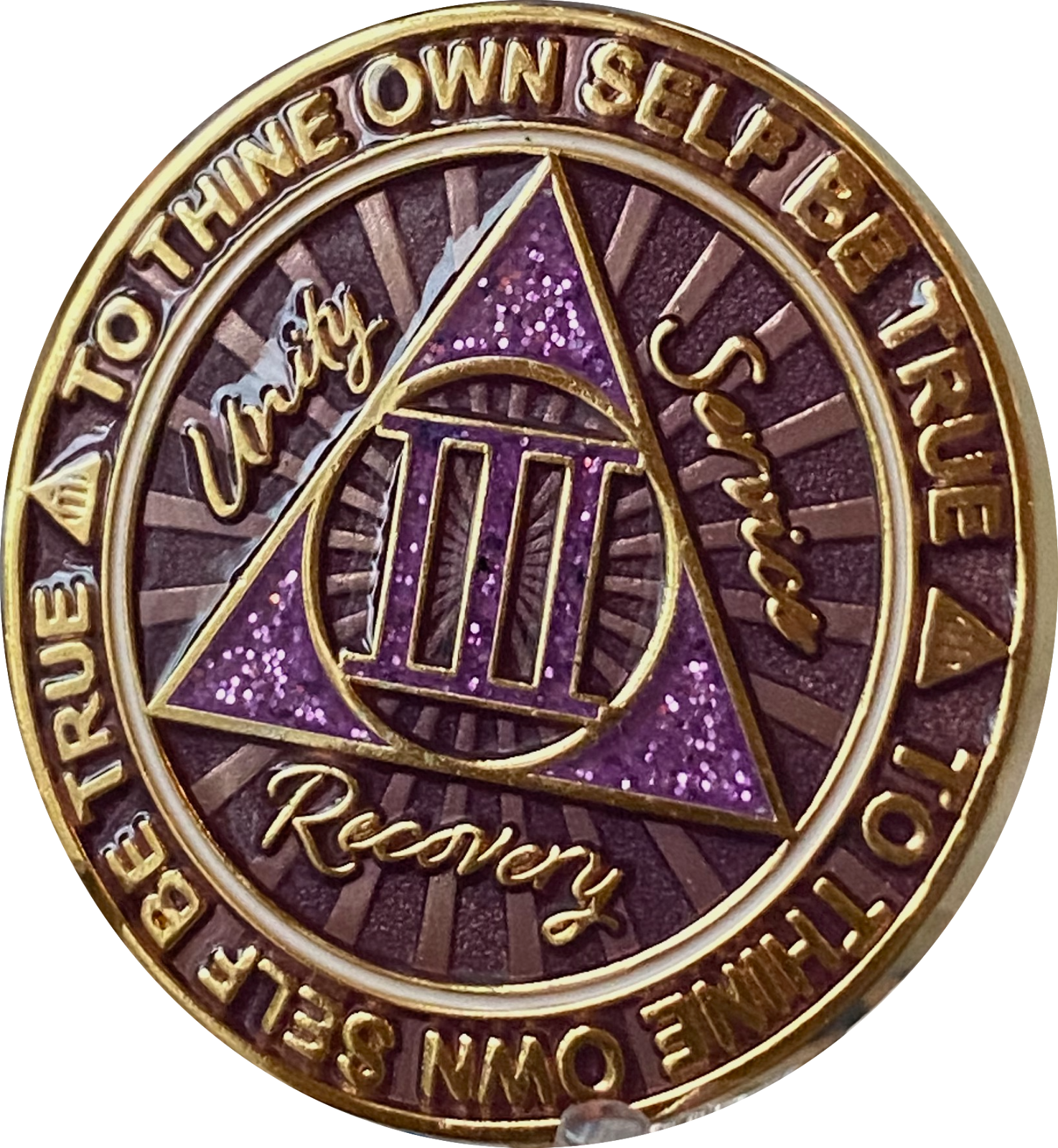 3 Year AA Medallion Cosmic Purple Glitter Alcoholics Anonymous Sobriety Chip