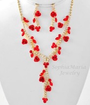 Red crystal flower necklace set gold tone bridesmaid wedding bridal prom... - $19.79