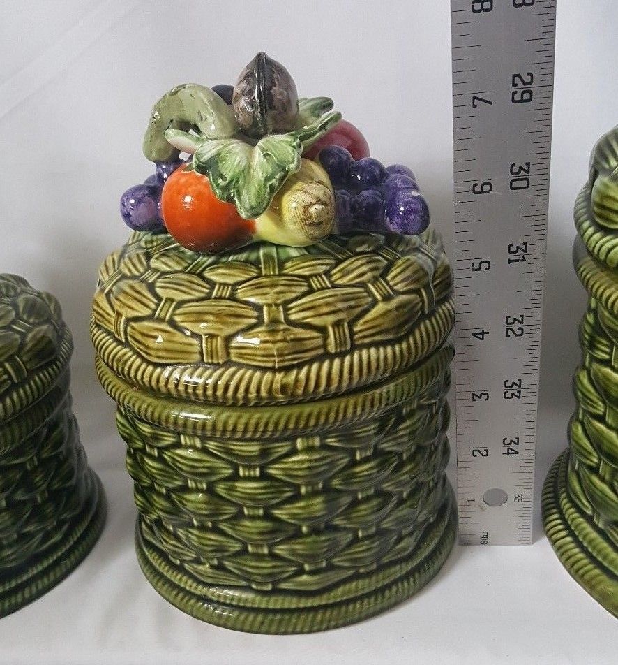 Ceramic Green Stunning Basket Weave with Fruit Lids Kitchen Canister