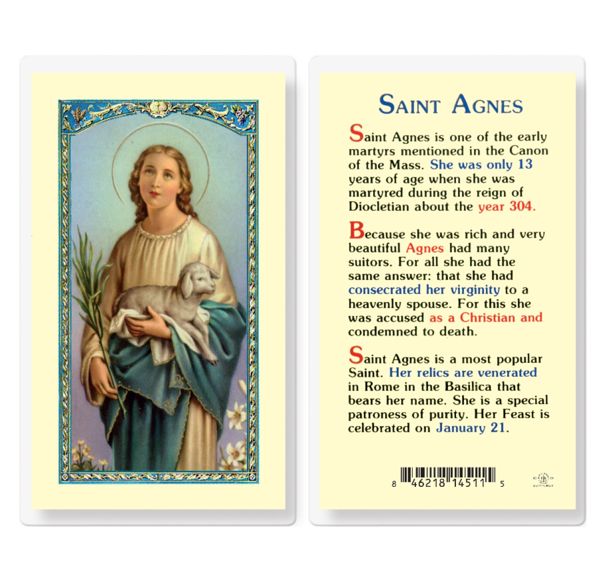 St. Agnes Laminated Prayer Holy Card 25-Pack - Holy Cards