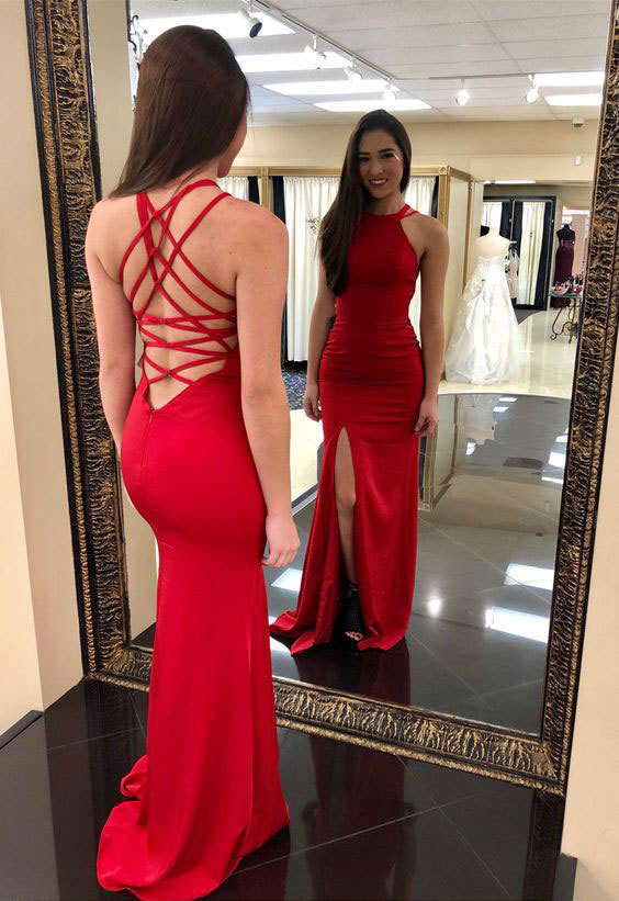 Charming Criss Cross Red Sheath Long Prom Dresses with Split Side